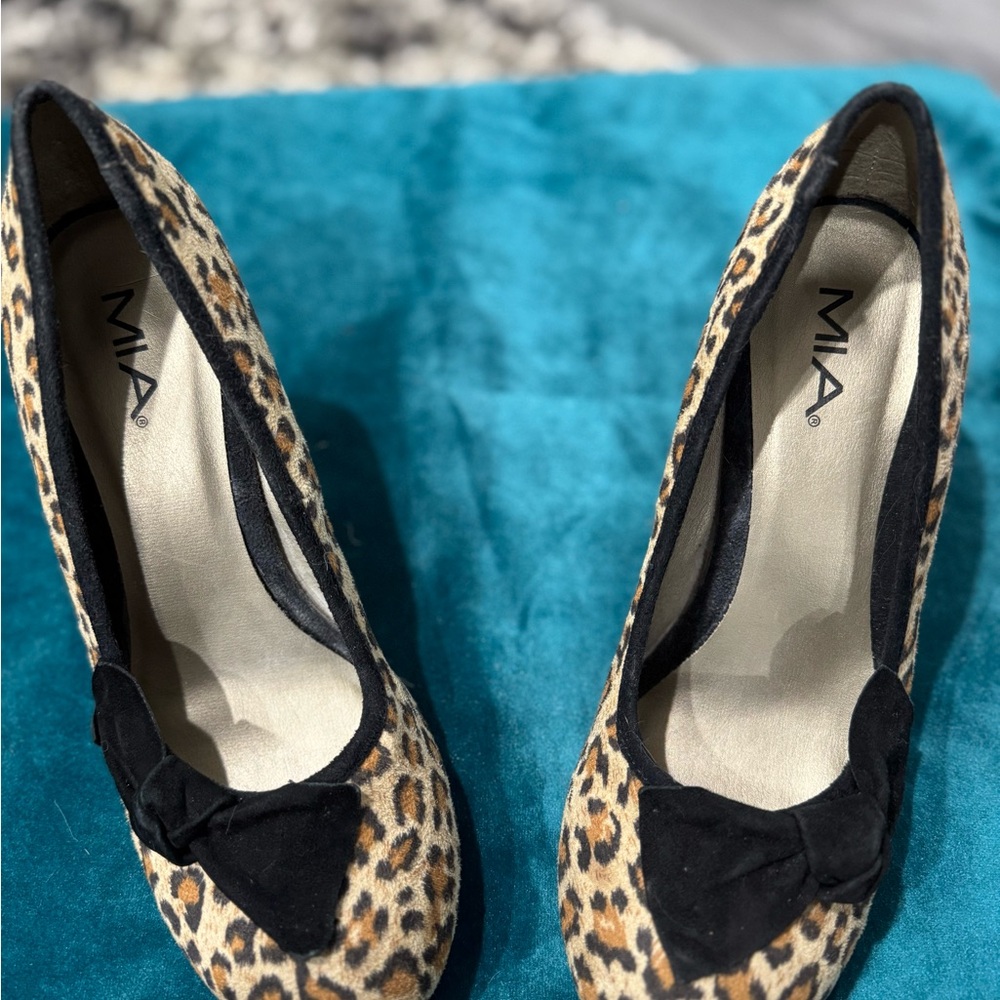 MIA Women's Leopard Print Heels with Black Bow